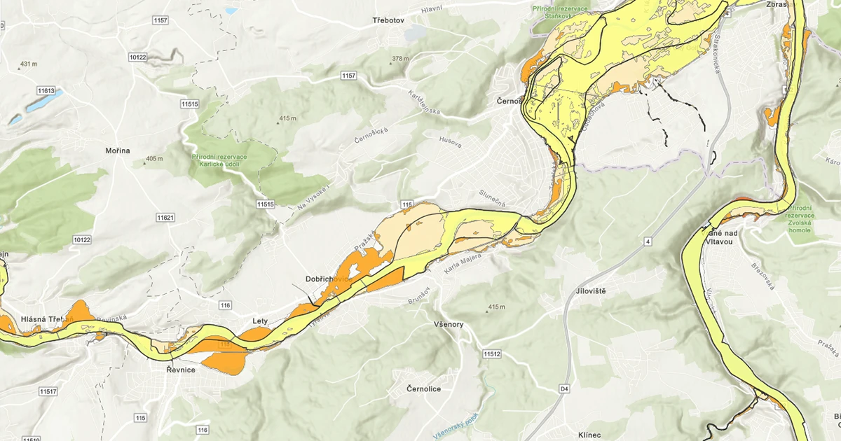 Ukázka ze záplavové mapy na povodí řeky Berounky
